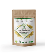 Protéine de soja en poudre Bioptimal. Sachet de 500g sur fond blanc.