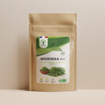 Sachet de superaliment moringa Bioptimal présenté sur fond beige.