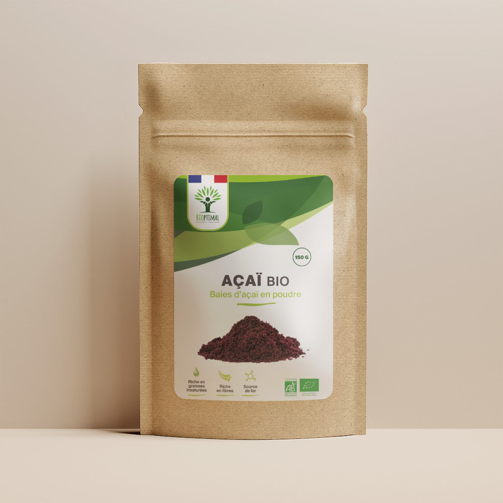 Sachet de superaliment açaï Bioptimal  150 grammes présenté sur fond beige