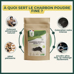 Bienfaits charbon poudre fine spécial pâtisserie Bioptimal. Colorant alimentaire naturel. Idéal pour pâtisserie. coloration noire intense. Poudre ultra fine, se mélange facilement.