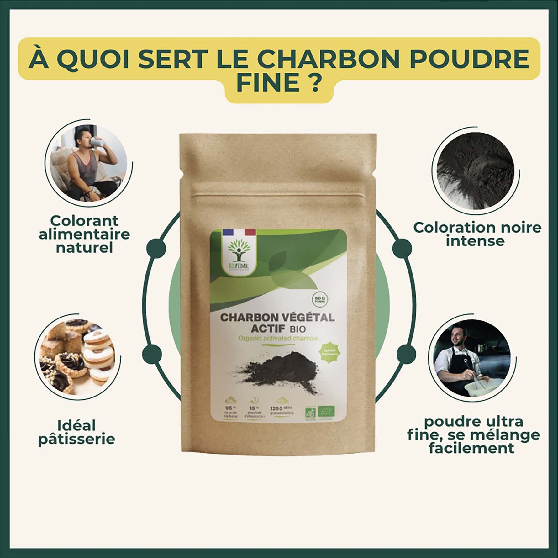 Bienfaits charbon poudre fine spécial pâtisserie Bioptimal. Colorant alimentaire naturel. Idéal pour pâtisserie. coloration noire intense. Poudre ultra fine, se mélange facilement.
