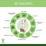 Nos engagements : 100% végan. Sans OGM. Certifié bio par Ecocert. Sans additifs. Déposé auprès de la DGCCRF. Controlé en France. Conditionné en France. PME française. Sans gluten. Garantie satisfait ou remboursé.