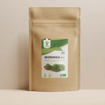 Sachet de superaliment moringa Bioptimal présenté sur fond beige.