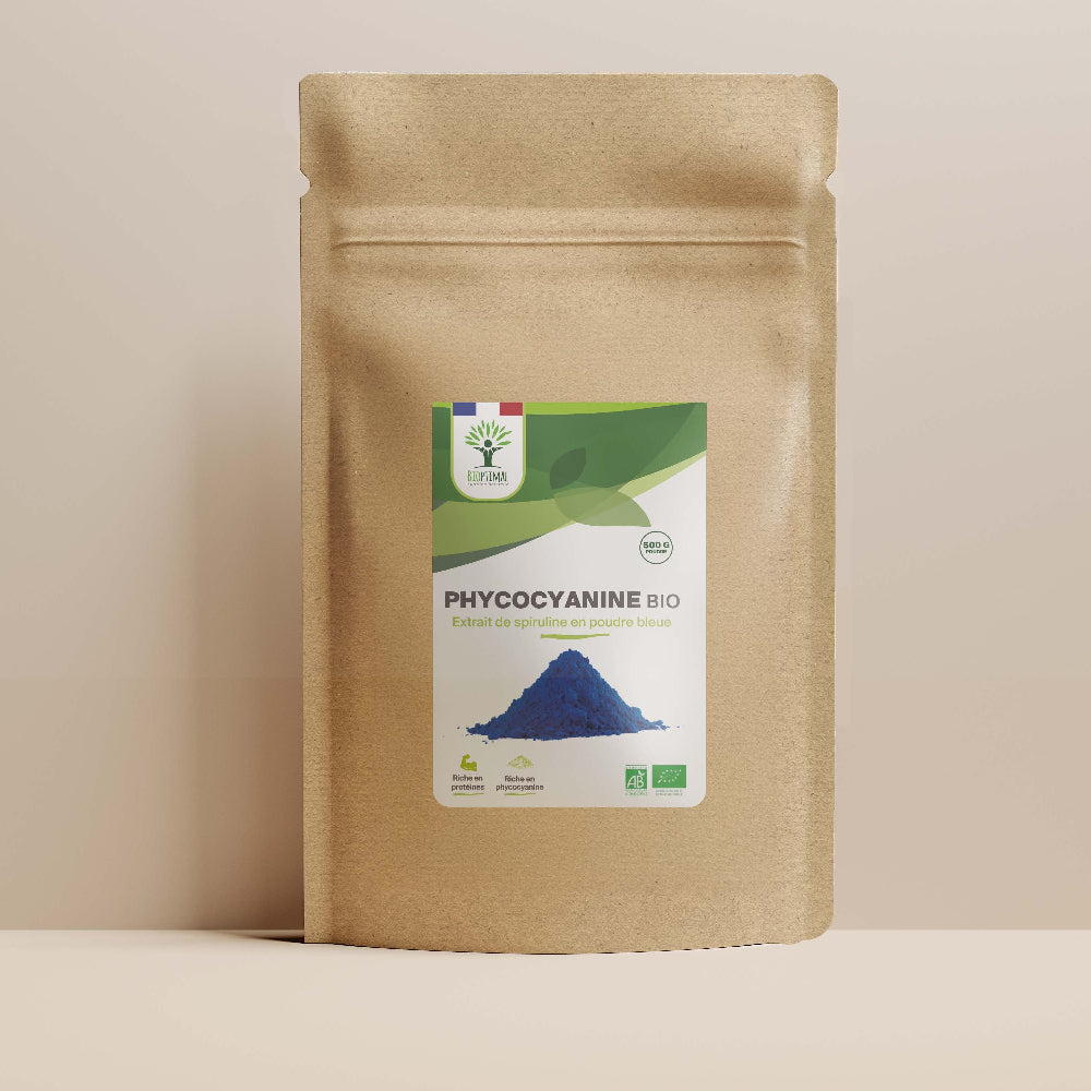 Sachet de superaliment phycocyanine Bioptimal présenté sur fond beige