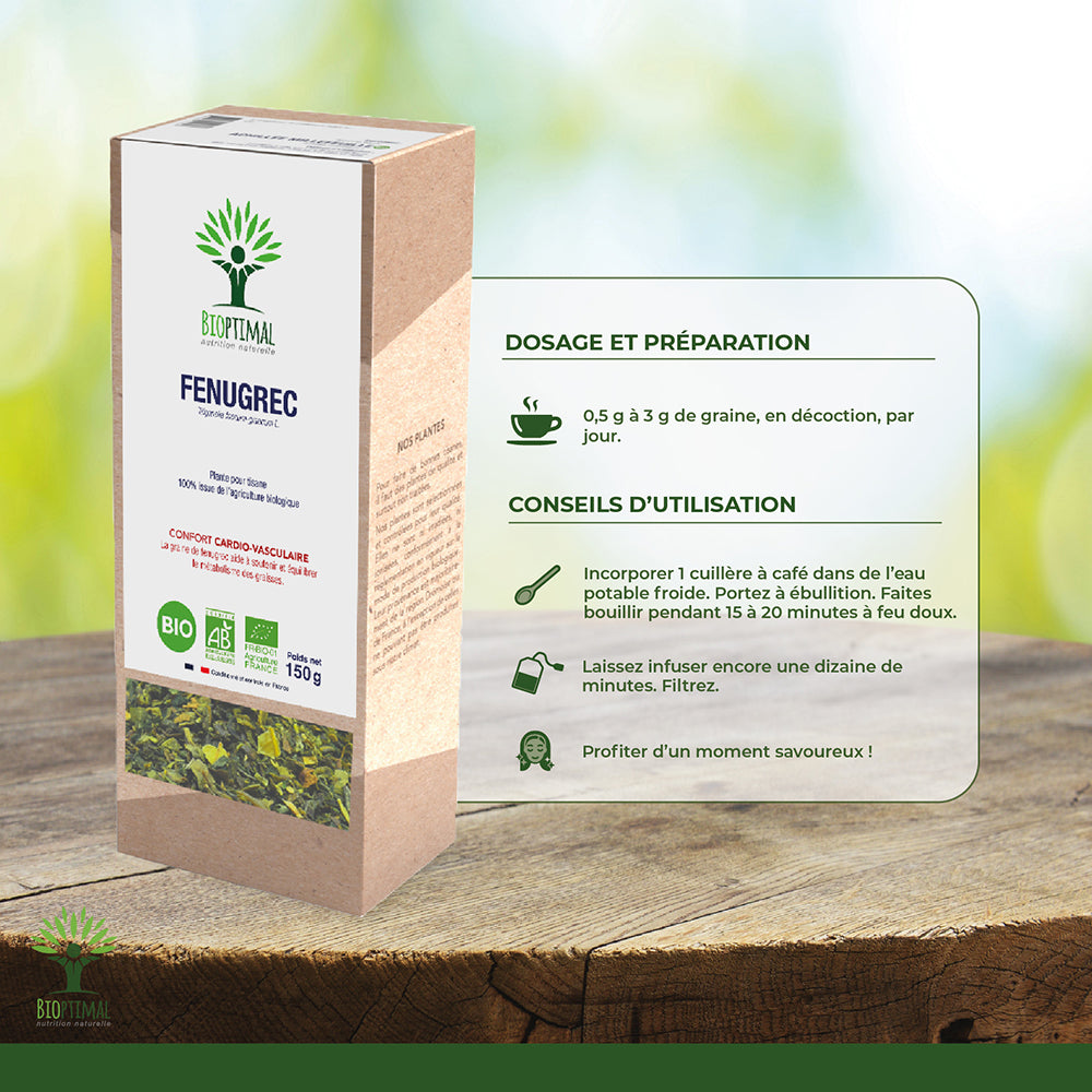 Infographie de l'utilisation de l’infusion de fenugrec bio Bioptimal. Dosage et préparation : 0,5 g à 3g de graine, en décoction, par jour. Conseil d'utilisation : Incorporer 1 cuillère à café dans de l'eau potable froide. Portez à ébullition. Faites bouillir pendant 15 à 20 minutes à eu doux. Laissez infuser encore une dizaine de minutes. Filtrez. Profitez d'un moment savoureux !