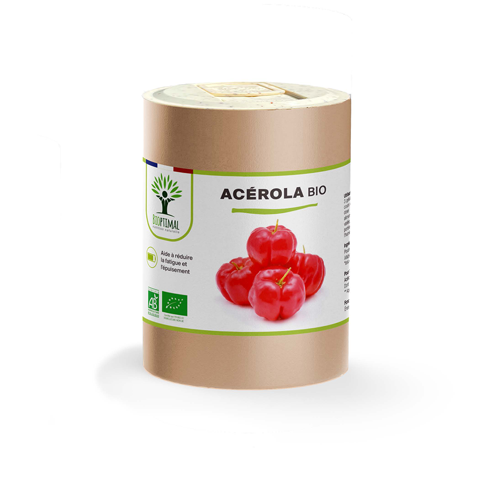 Complément alimentaire acérola bio Bioptimal présenté en boîte sur fond blanc