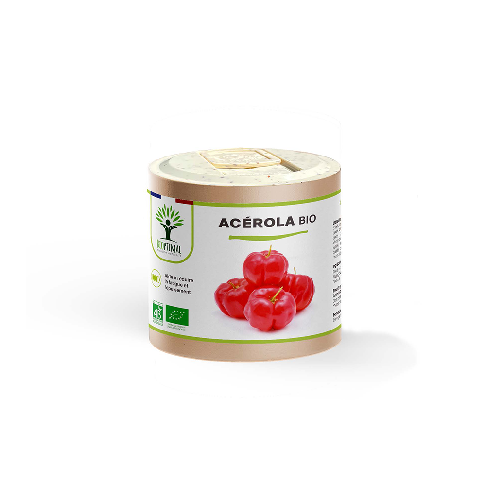Complément alimentaire acérola bio Bioptimal présenté en boîte sur fond blanc