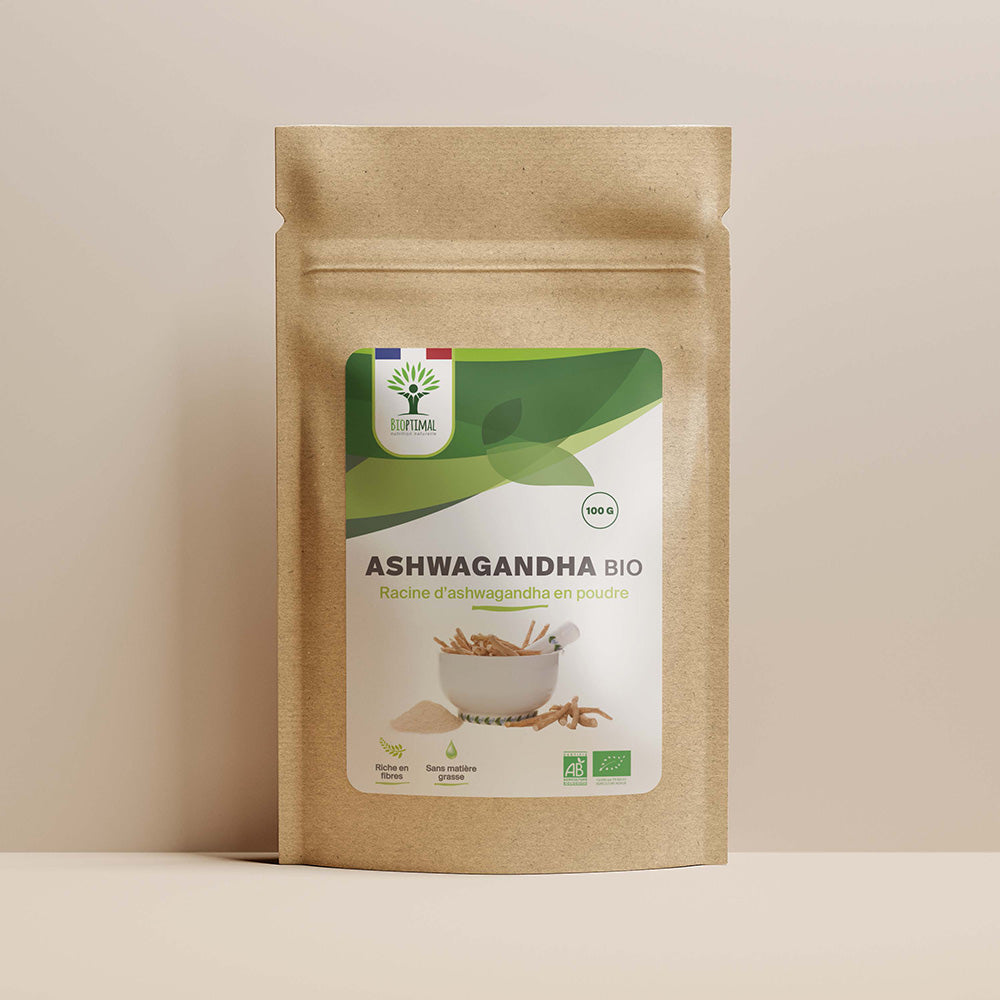 Sachet de superaliment ashwagandha Bioptimal présenté sur fond beige
