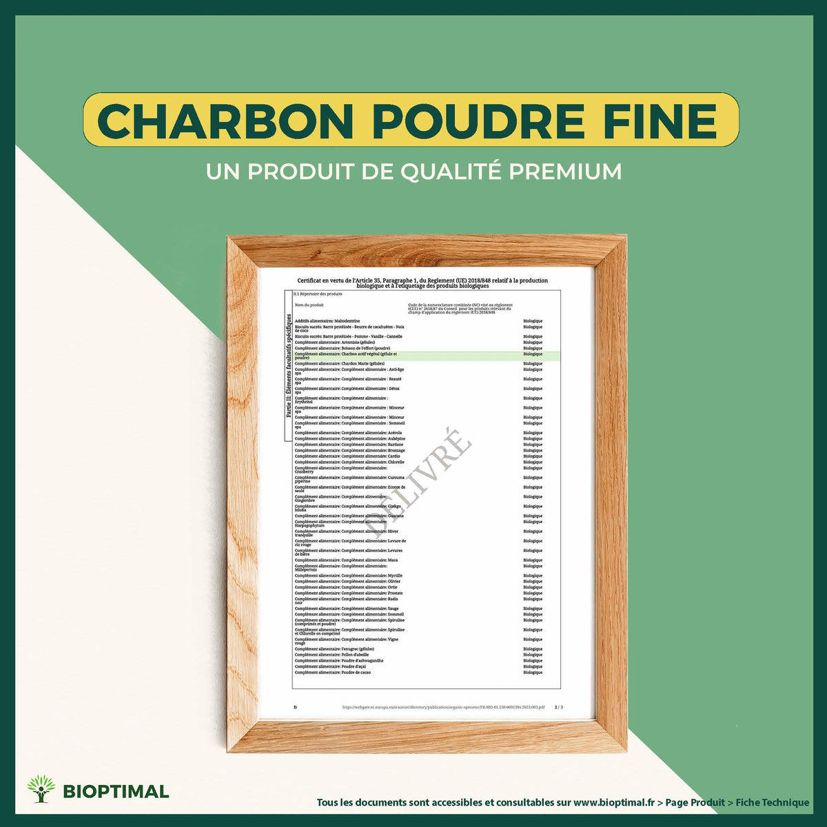 Attestation du charbon poudre fine bio