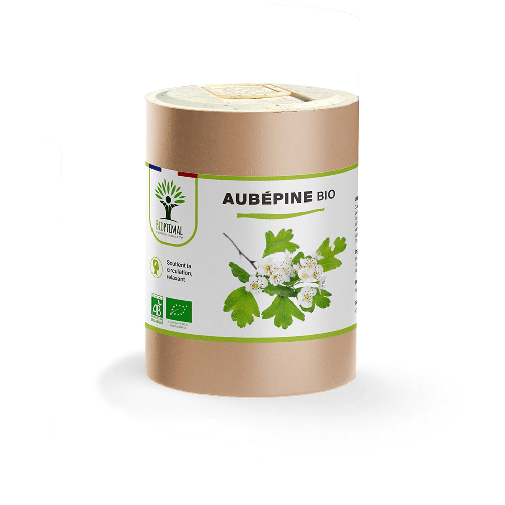 Complément alimentaire aubépine bio Bioptimal présenté en boîte sur fond blanc