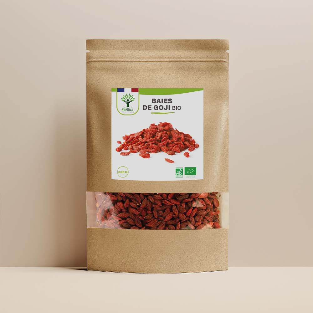 Sachet de superaliment baies de goji Bioptimal présenté sur fond beige