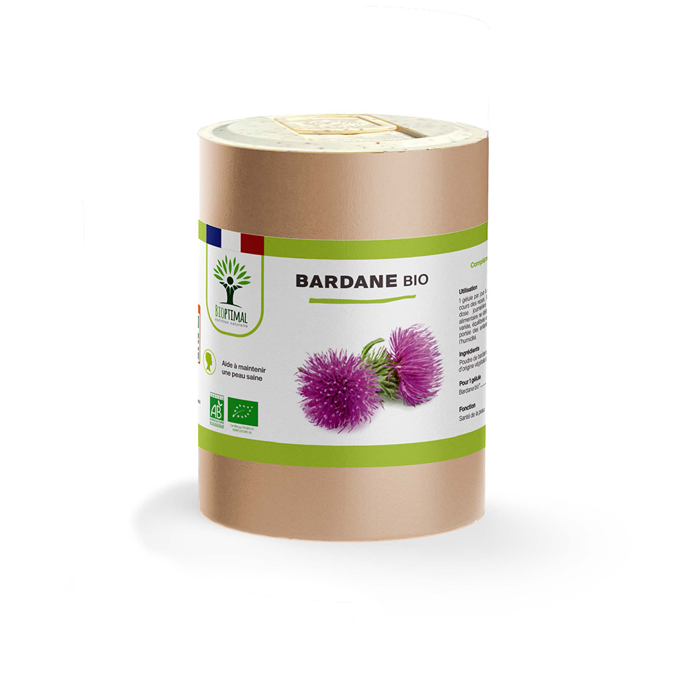 Complément alimentaire bardane bio Bioptimal présenté en boîte sur fond blanc