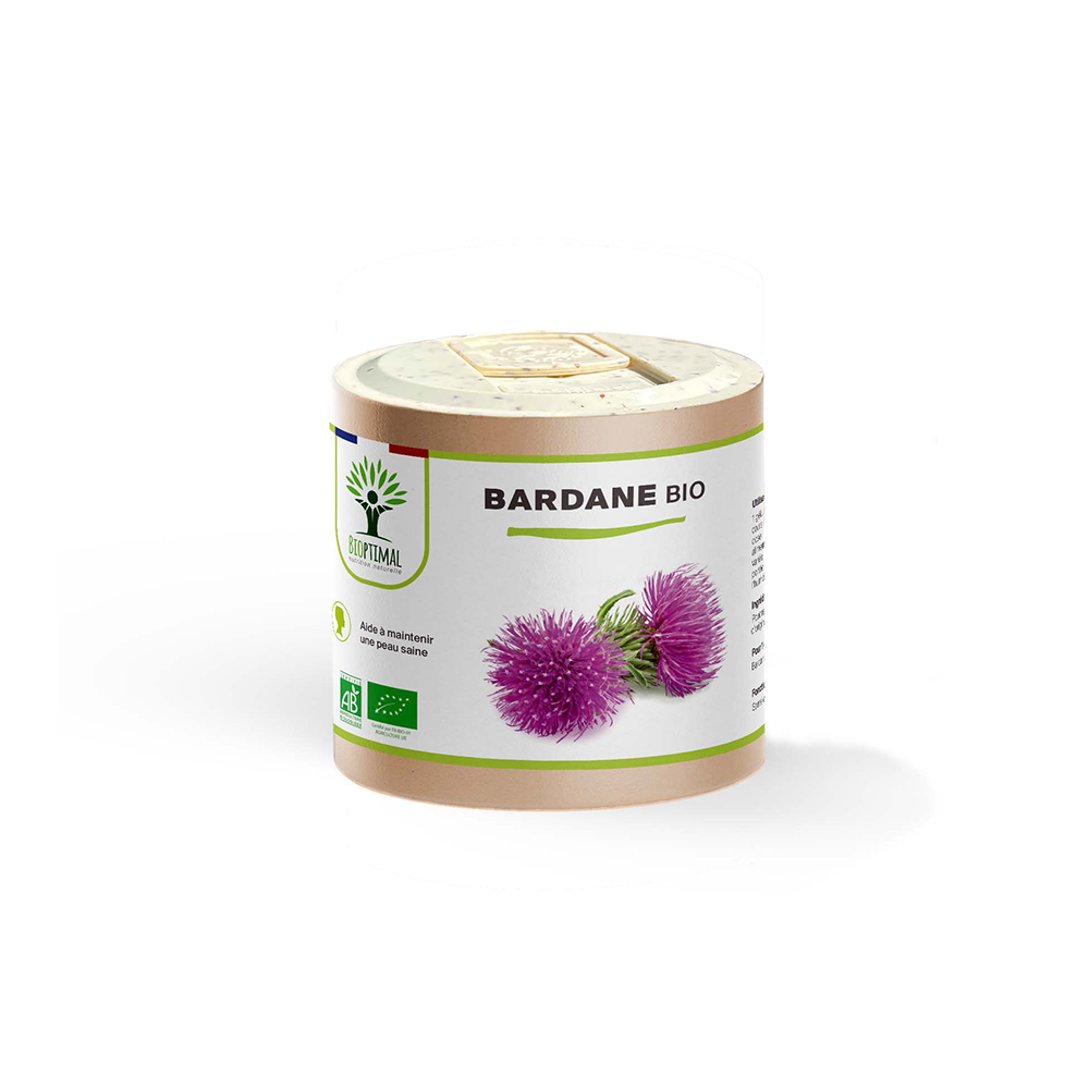 Complément alimentaire bardane bio Bioptimal présenté en boîte sur fond blanc