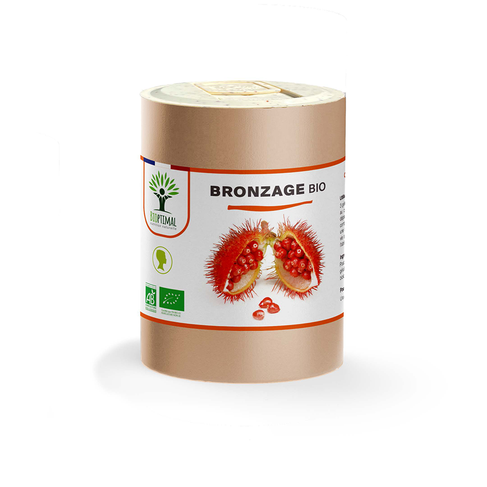Complément alimentaire bronzage bio Bioptimal présenté en boîte sur fond blanc