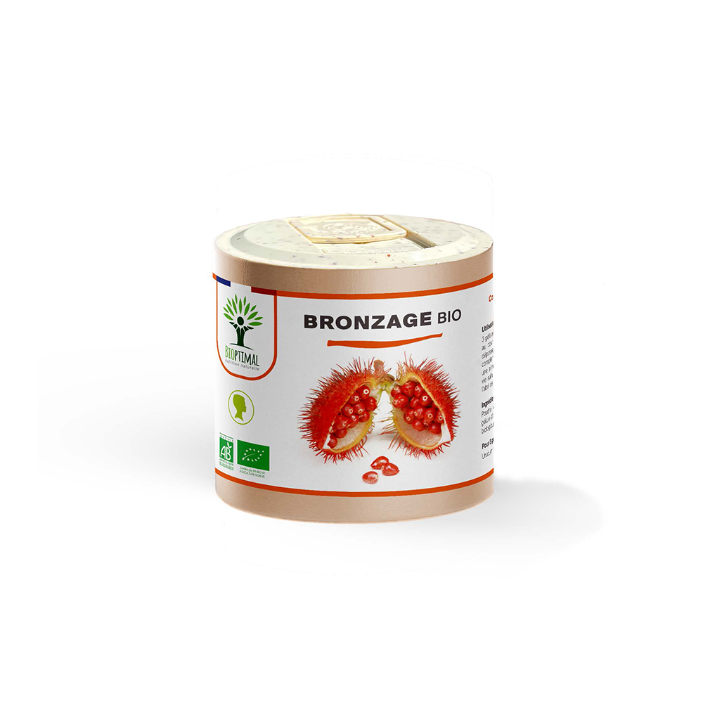 Complément alimentaire bronzage bio Bioptimal présenté en boîte sur fond blanc