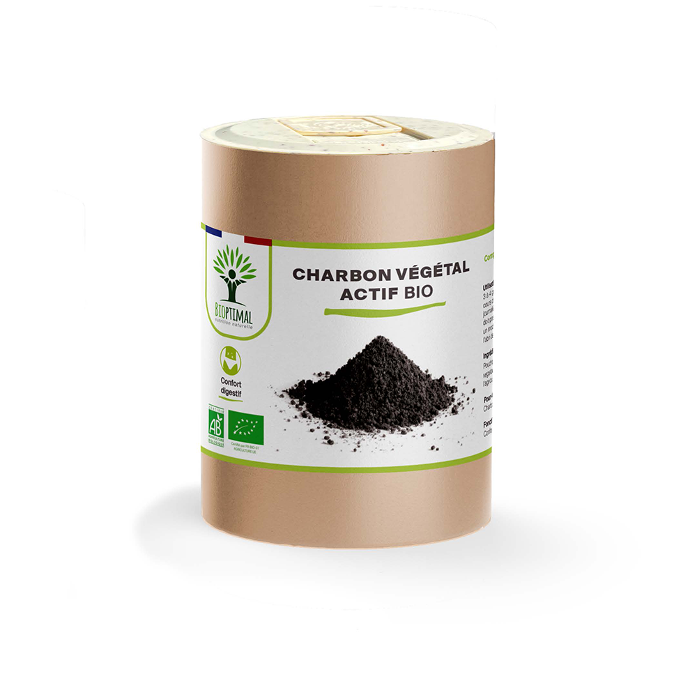 Complément alimentaire charbon végétal actif bio Bioptimal présenté en boîte sur fond blanc