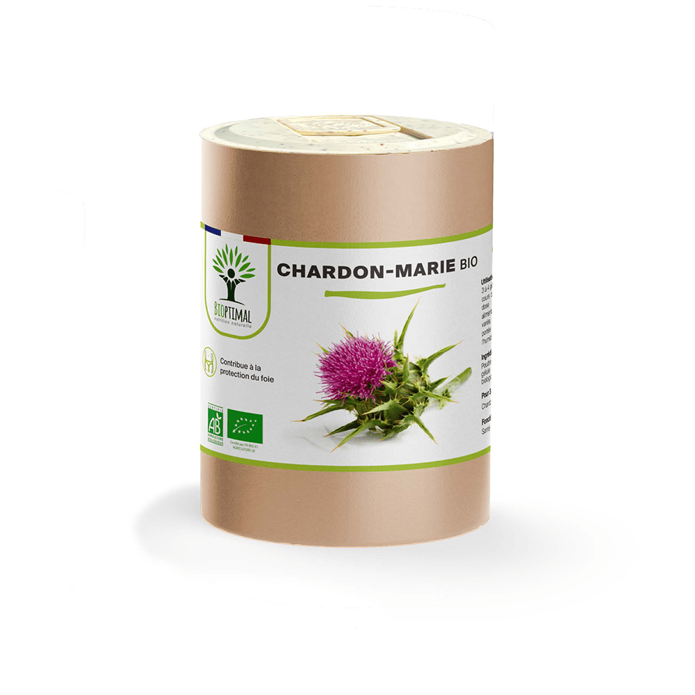 Complément alimentaire chardon marie bio Bioptimal présenté en boîte sur fond blanc