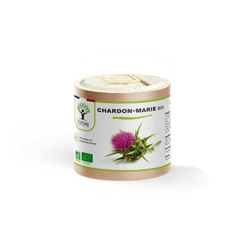 Complément alimentaire chardon marie bio Bioptimal présenté en boîte sur fond blanc