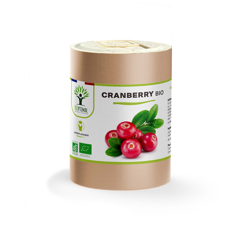 Complément alimentaire cranberry bio Bioptimal présenté en boîte sur fond blanc