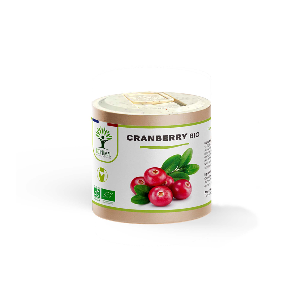 Complément alimentaire cranberry bio Bioptimal présenté en boîte sur fond blanc