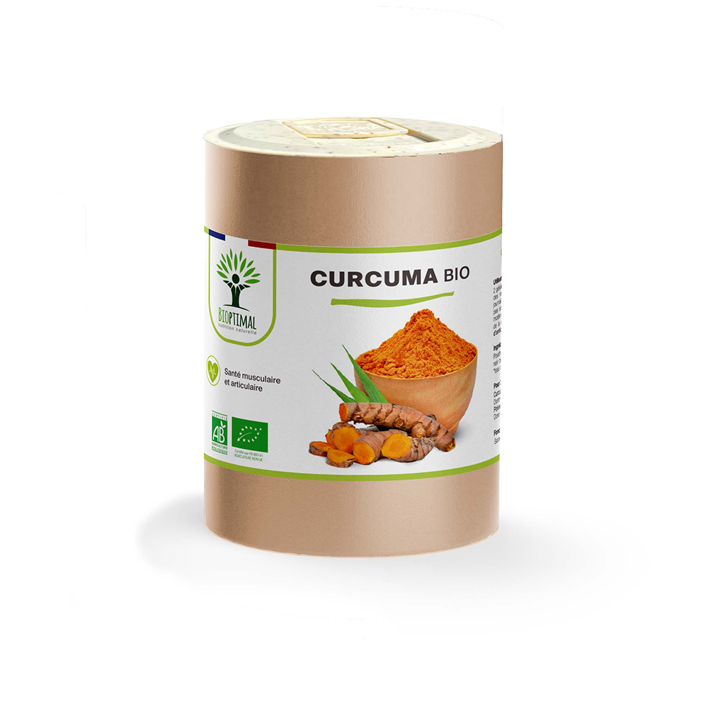 Complément alimentaire curcuma bio Bioptimal présenté en boîte sur fond blanc