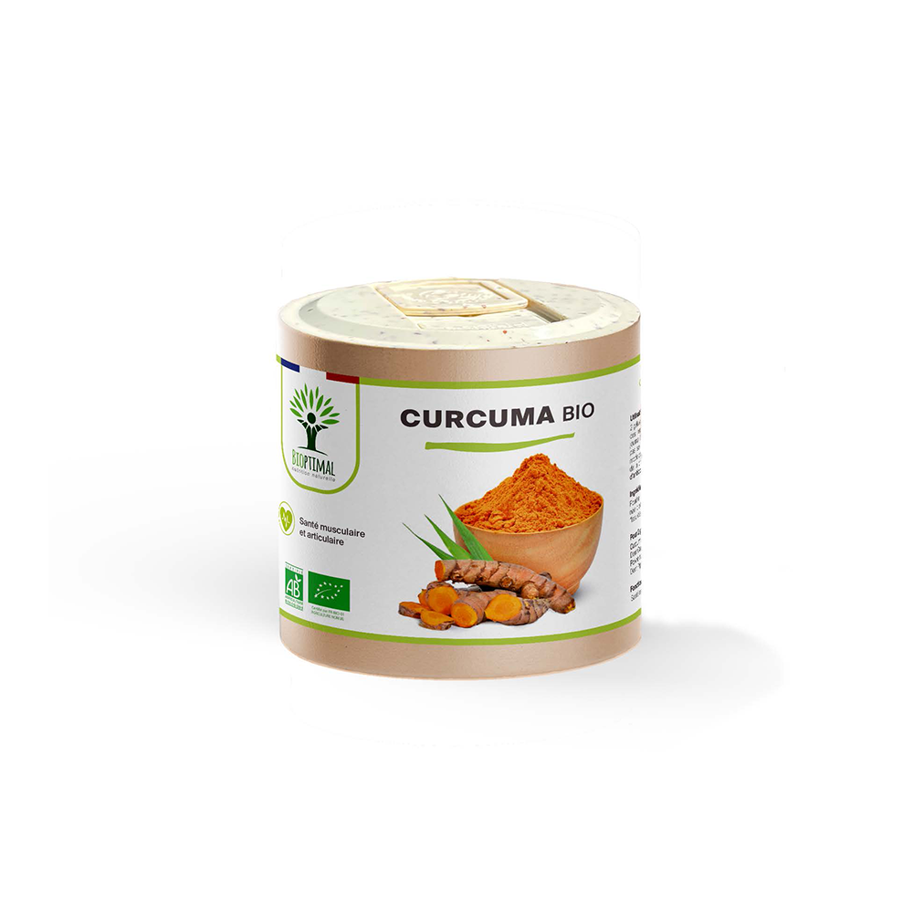Complément alimentaire curcuma bio Bioptimal présenté en boîte sur fond blanc