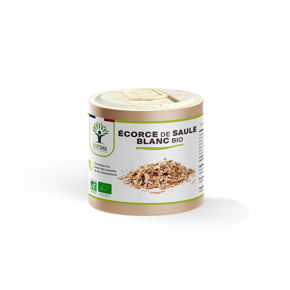 Complément alimentaire écorce de saule blanc bio Bioptimal présenté en boîte sur fond blanc