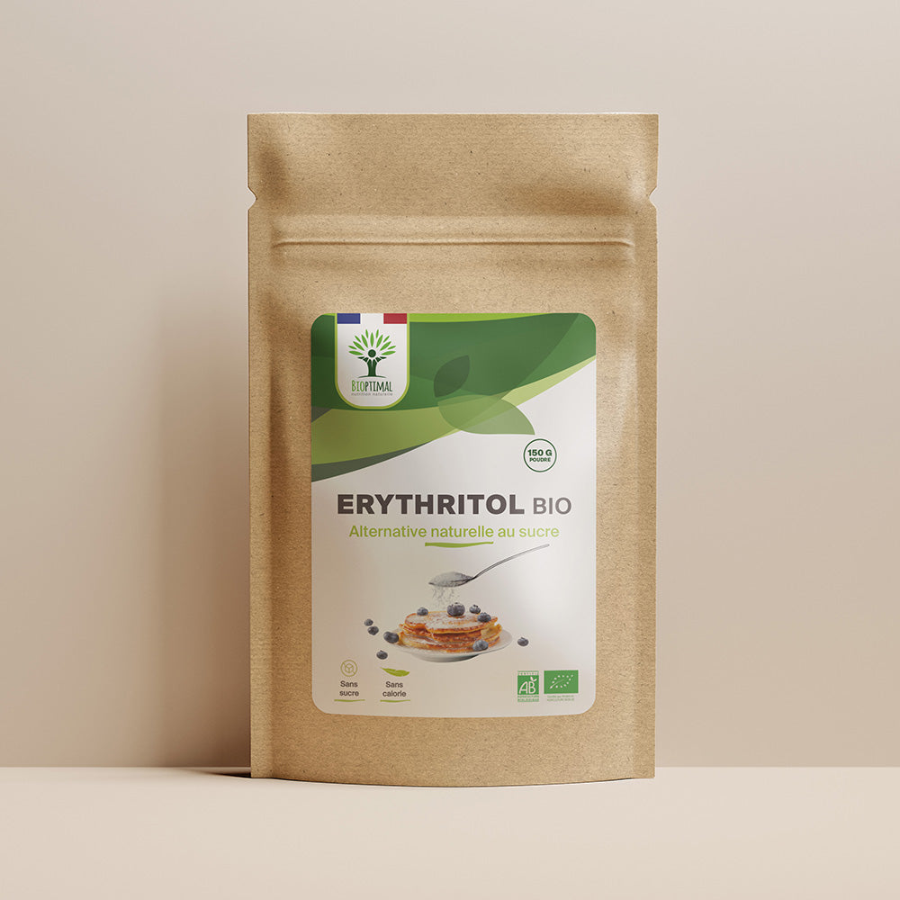 Sachet de superaliment erythritol Bioptimal présenté sur fond beige.