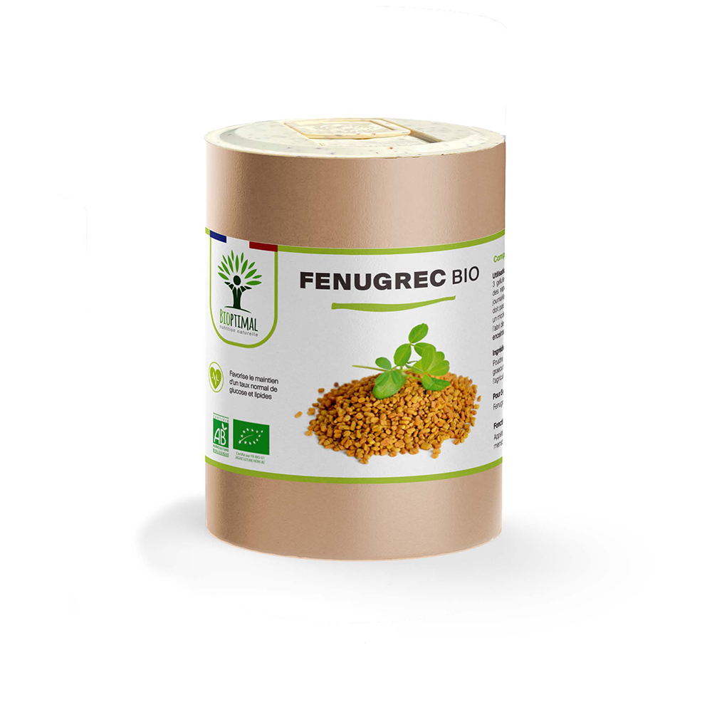Complément alimentaire fenugrec bio Bioptimal présenté en boîte sur fond blanc