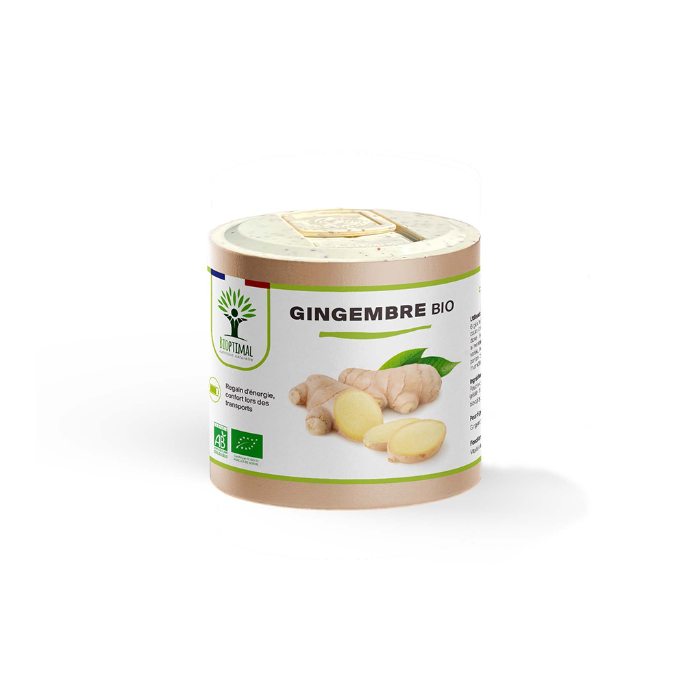Complément alimentaire gingembre bio Bioptimal présenté en boîte sur fond blanc