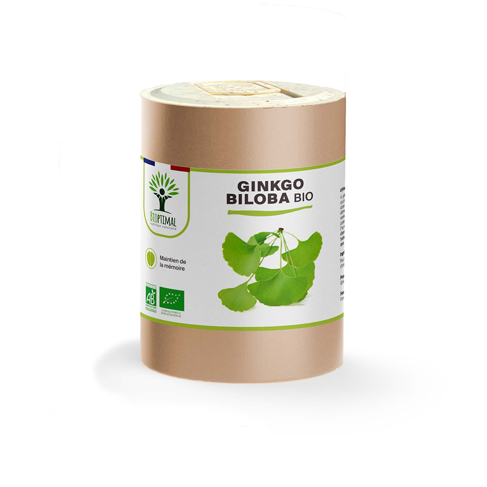 Complément alimentaire ginkgo biloba bio Bioptimal présenté en boîte sur fond blanc
