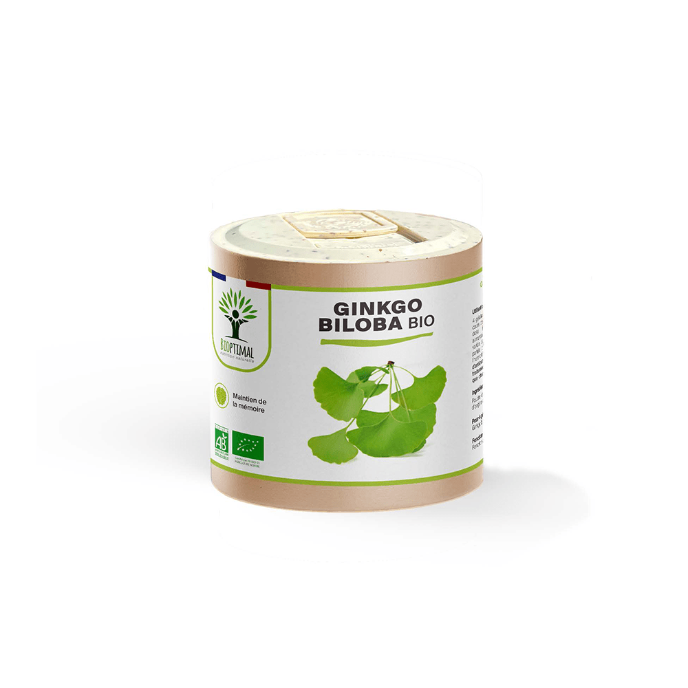 Complément alimentaire ginkgo biloba bio Bioptimal présenté en boîte sur fond blanc