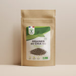 Sachet de superaliment graines de chia Bioptimal présenté sur fond beige.
