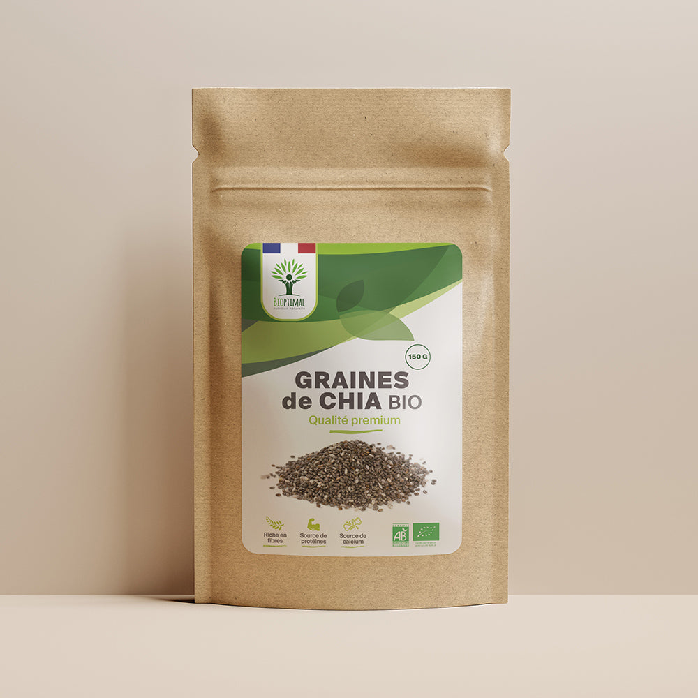 Sachet de superaliment graines de chia Bioptimal présenté sur fond beige.