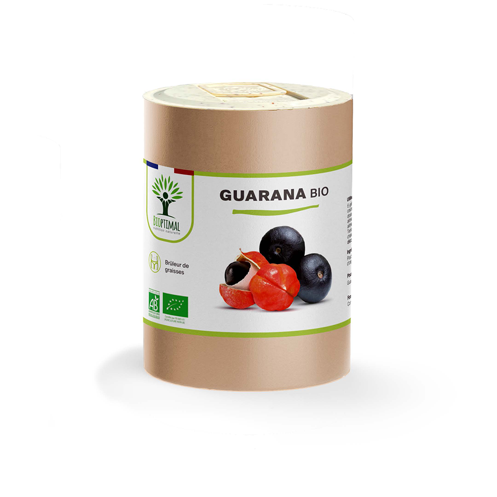 Complément alimentaire guarana bio Bioptimal présenté en boîte sur fond blanc