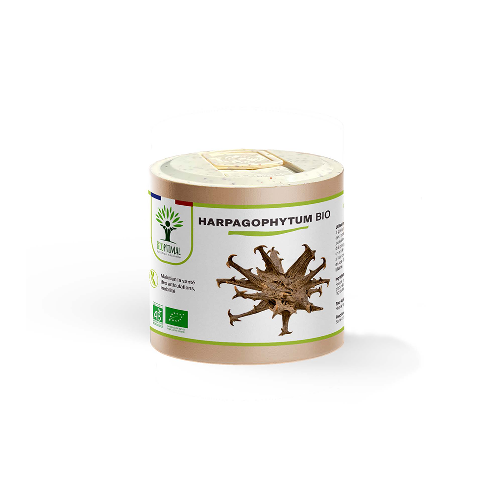 Complément alimentaire harpagophytum bio Bioptimal présenté en boîte sur fond blanc