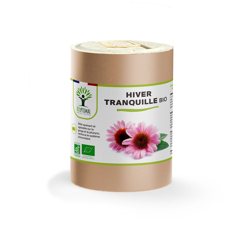 Complément alimentaire hiver tranquille bio Bioptimal présenté en boîte sur fond blanc