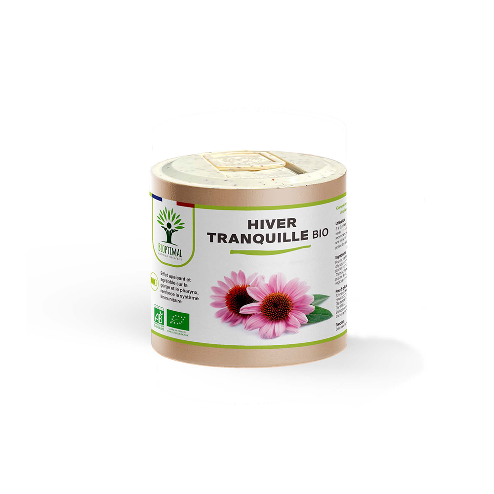 Complément alimentaire hiver tranquille bio Bioptimal présenté en boîte sur fond blanc