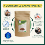 Infographie présentant les bienfaits du cacao bio en poudre Bioptimal : riche en antioxydants, non alcalinisé, idéal pour boissons chaudes, pâtisseries et recettes saines. Riche en protéines, source de minéraux, maintien d'une ossature normale augmente la masse musculaire, et riche en fibres : améliore le transit intestinal
