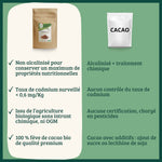 Infographie comparatif du cacao en poudre Bioptimal et d’un cacao standard : Bioptimal non alcalinisé pour conserver ses propriétés nutritionnelles, taux de cadmium surveillé <0,6 mg/kg, 100 % fèves de cacao bio de qualité premium, certifié agriculture biologique sans OGM ni intrants chimiques.
