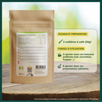 Infographie sur l’utilisation du cacao bio en poudre Bioptimal : dosage recommandé 2 cuillères à café, à ajouter dans vos boissons préférées comme smoothies, lait, frappés, ou dans vos préparations culinaires.
