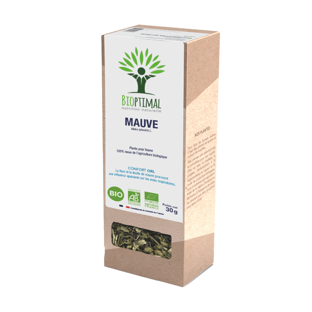 Boîte de l’infusion de mauve bio Bioptimal sur fond blanc