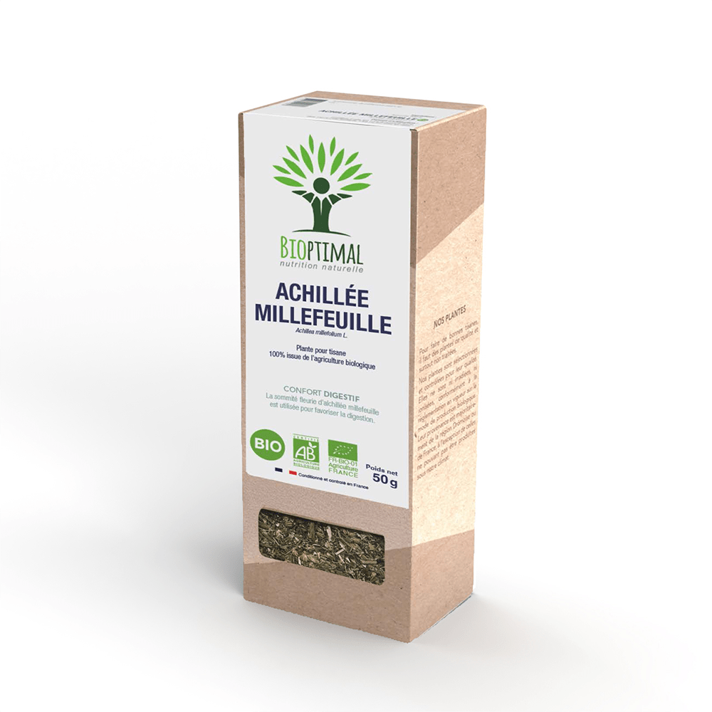 Boîte de l’infusion d'Achillée millefeuille bio Bioptimal sur fond blanc