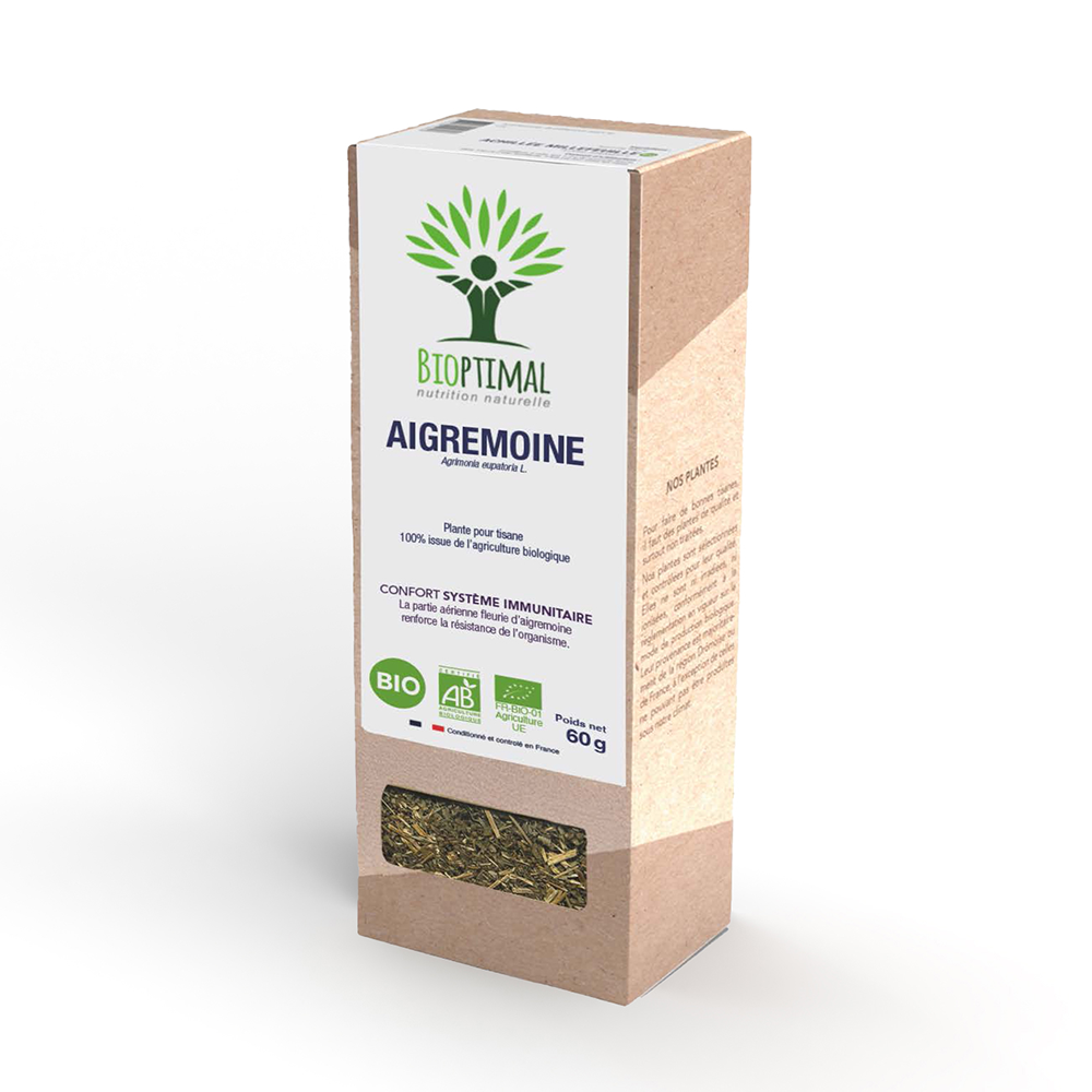 Boîte de l’infusion d'aigremoine bio Bioptimal sur fond blanc