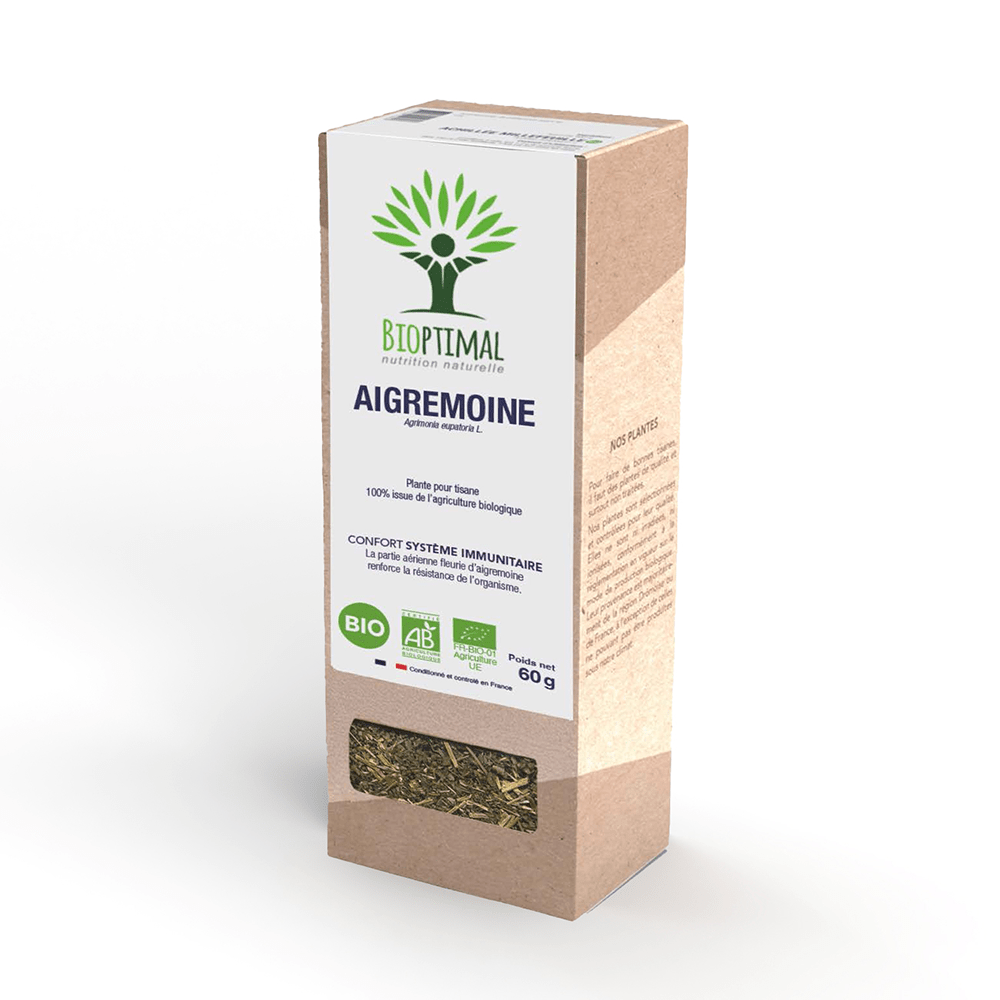 Boîte de l’infusion d'aigremoine bio Bioptimal sur fond blanc