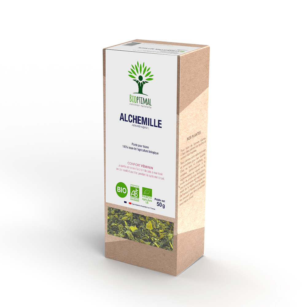 Boîte de l’infusion d'alchemille bio Bioptimal sur fond blanc