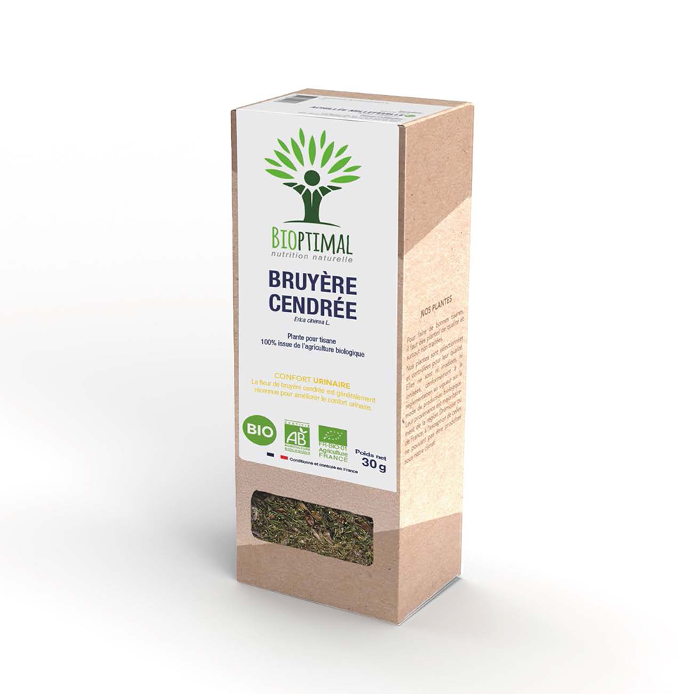 Boîte de l’infusion de bruyère cendrée bio Bioptimal sur fond blanc