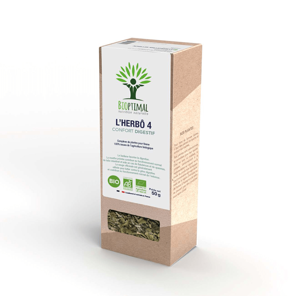 Boîte de l’infusion de herbô 4 confort digestif bio Bioptimal sur fond blanc
