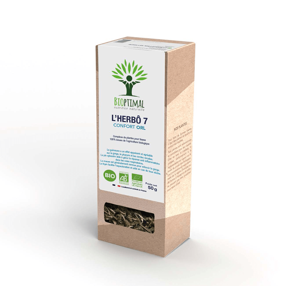 Boîte de l’infusion de herbô 7 confort ORL bio Bioptimal sur fond blanc