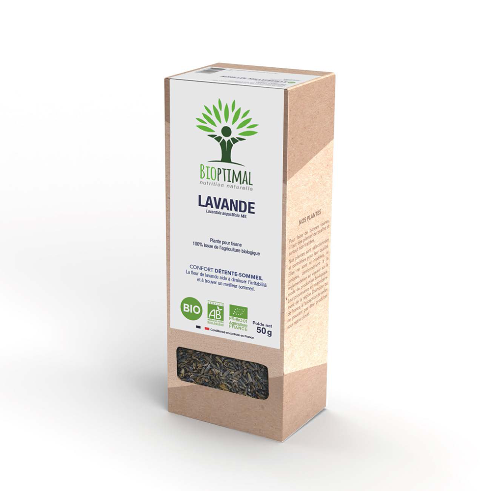 Boîte de l’infusion de lavande bio Bioptimal sur fond blanc